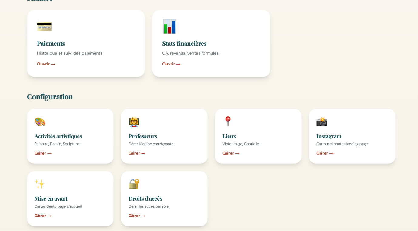 Finance et configuration — paiements, stats, droits d'accès