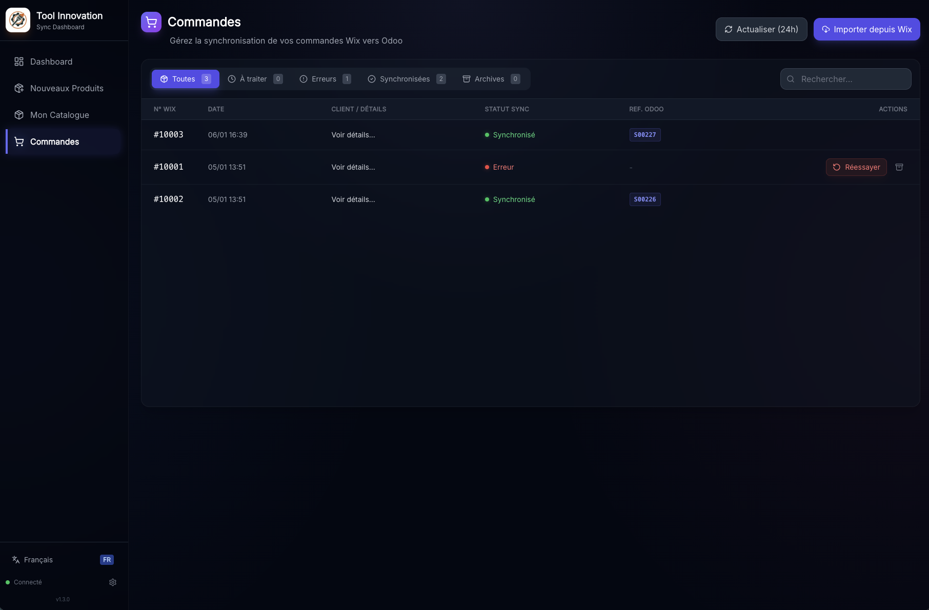 Commandes — transit automatique Wix → Odoo