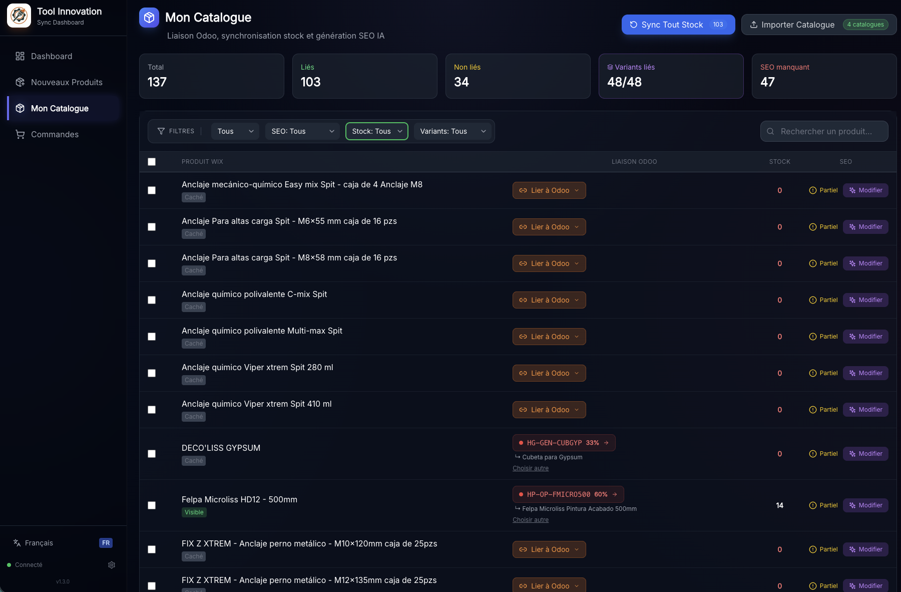 Produits — fiches produit synchronisées